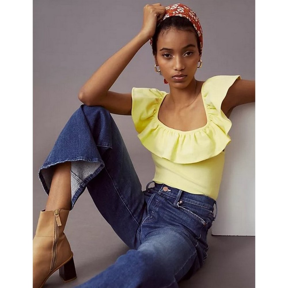 💛 NEW Anthropologie Yellow Maeve Ruffled Square-Neck Top XL